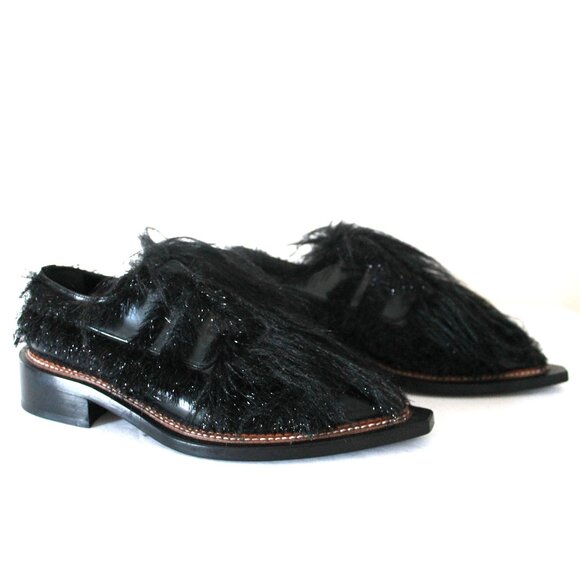 Simone Rocha Tinsel Faux Fur Leather Brogues / Size 38 / Jet Black Runway Chunky - Picture 1 of 11